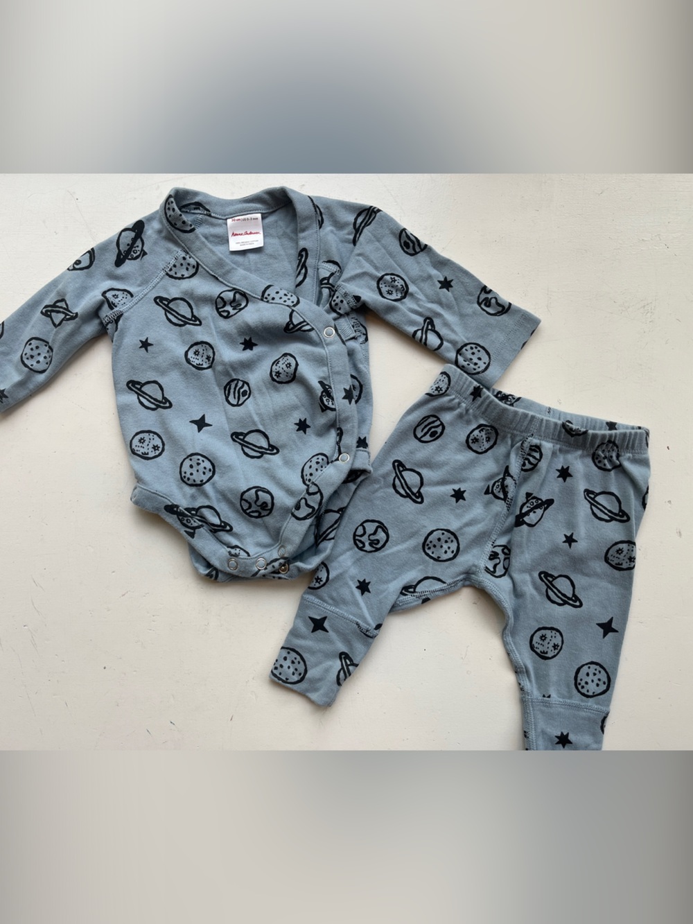 Hannah Andersson Space Print Baby Onesie Pant Set in Light Blue Organic Cotton